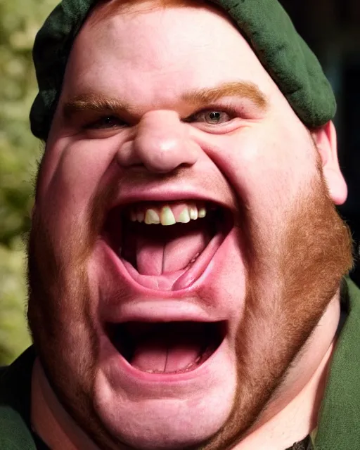 Image similar to headshot of a crazed smiling, mouth open, chris farley, he is wearing a leather bomber cap on his head, he is also wearing an a 2 flight jacket, a long white wool scarf is wrapped around his neck, he has a 5 o'clock shadow