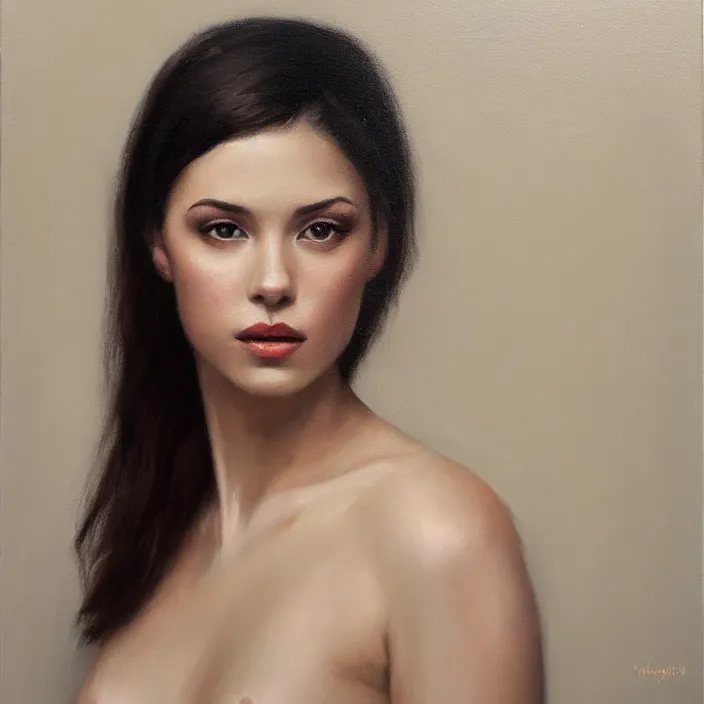 Image similar to alla prima portrait oil painting of young woman with lush dark hair and no makeup, dark beige grey background, lights and shadows, sensual, beautiful composition, hyperrealistic