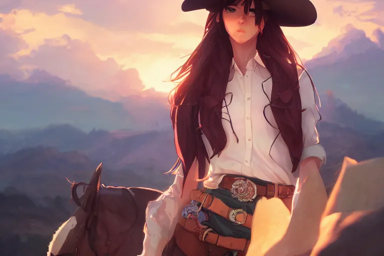Prompt: cowgirl western girlfriend, scenic full shot, ambient lighting, detailed face, by makoto shinkai, stanley artgerm lau, wlop, rossdraws