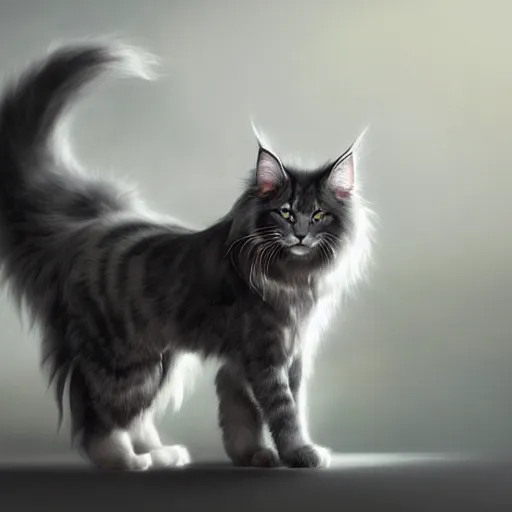 Image similar to a big old menacing dark grey maine coon cat with white belly, white paws and white face markings with long fur and fluffy tail, sitting, intricate, elegant, highly detailed, digital painting, artstation, concept art, matte, sharp focus, illustration, art by Artgerm and Greg Rutkowski and Alphonse Mucha