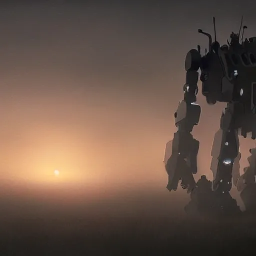 Image similar to gigantic mecha walking, dense fog,, sunset, jakob rozalski