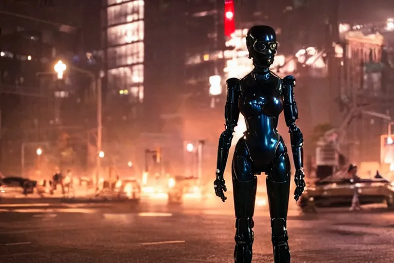 Prompt: VFX movie closeup of a gorgeous futuristic robot woman in black spandex armor in future city, hero pose, beautiful skin, city night lighting by Emmanuel Lubezki