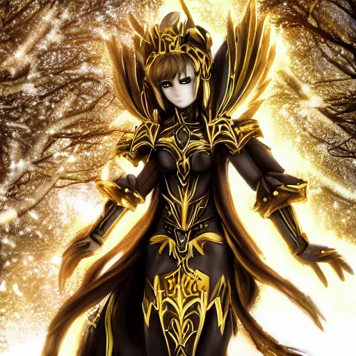 Prompt: focus face portrait of beautiful darkness knight 3D anime girl, golden Armor wearing, dark forest background, snowing, bokeh, inspired by Masami Kurumada, digital painting, high contrast, unreal engine render, volumetric lighting, high détail