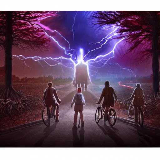 Image similar to a demonic realm in stranger things, artstation hall of fame gallery, editors choice, # 1 digital painting of all time, most beautiful image ever created, emotionally evocative, greatest art ever made, lifetime achievement magnum opus masterpiece, the most amazing breathtaking image with the deepest message ever painted, a thing of beauty beyond imagination or words