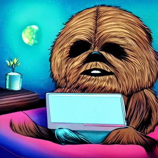 Image similar to ewok watching a movie from his bed, digital art, colourful