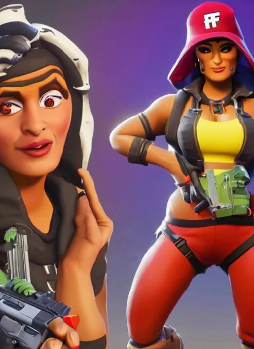 Image similar to game still of Salma Hayek as a Fortnite skin in Fortnite.