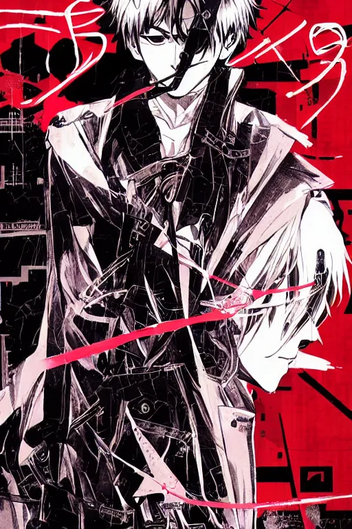 Prompt: professionally drawn seinen shonen mature cyberpunk horror detective action manga comic cover, full color, beautifully drawn coherent professional, drawn by ilya kuvshinov, ilya kuvshinov, and hiromu arakawa and tsutomu nihei. japanese script kanji hiragana on the cover. simplistic minimalist.