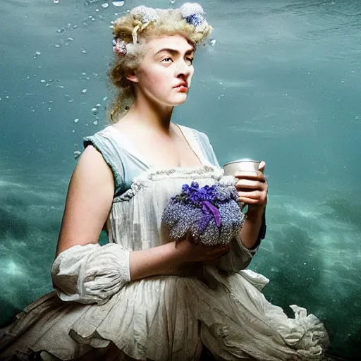 Prompt: A 18th century, silver haired, mad Ophelia ((young Kate Winslet)), dressed in a frilly ((ragged)), wedding dress, is ((drinking a cup of tea)). Everything is underwater! and floating. Greenish blue tones, theatrical, (((underwater lights))), high contrasts, fantasy oil canvas, painted by John Everett Millais's Ophelia