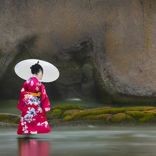 Prompt: « a geisha with a big flowery kimono on a rusty rocky beach on a rainy day with a giant victorian japanese castle in the background, portra 4 0 0, focal length 5 0 mm, grain, photorealistic in john singer sargent style »