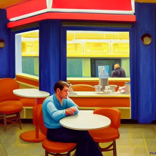 Prompt: a portrait of a sad man in a diner painted in the style of Edward Hopper, 4k,