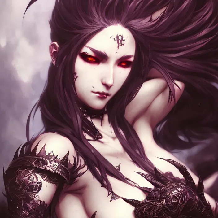 Image similar to anime female, fangs, goth, tattoos, leather, fantasy, intricate details, eerie, highly detailed, octane render, 8 k, art by artgerm and alphonse mucha and greg rutkowski