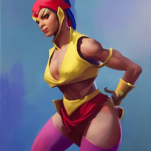 Image similar to greg manchess portrait painting of menat from street fighter as overwatch character, medium shot, asymmetrical, profile picture, organic painting, sunny day, matte painting, bold shapes, hard edges, street art, trending on artstation, by huang guangjian and gil elvgren and greg rutkowski