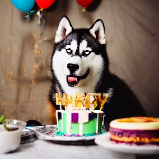 Prompt: a high - quality photo of a husky with a birthday cake, f 3. 5, sharpened, iso 2 0 0, food photography