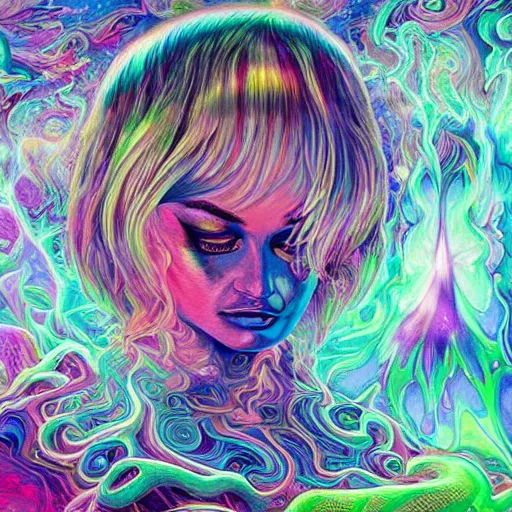 Prompt: a psychedelic portrait of kim petras with her eyes closed transcending to a higher plane of existence, eternal blessing, multiverse, beaming up into ufo, by android jones, by ben ridgeway, by ross draws, by noah bradley, by maciej kuciara, visionary art, oil painting, artgerm, artstation, moebius, greg rutkowski