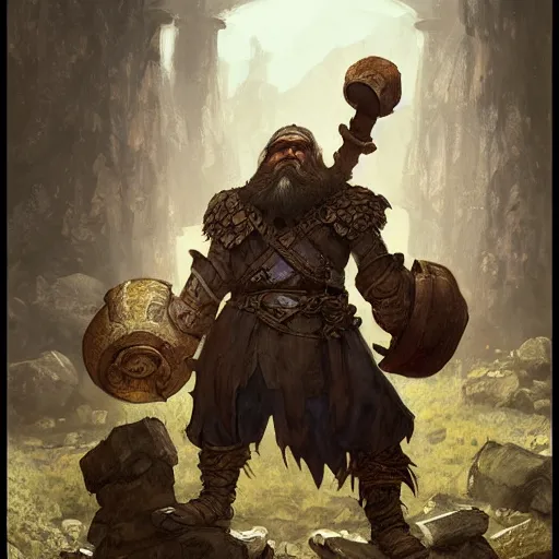 Prompt: Ancient dwarven blacksmith in the mythology of svartalfheim, D&D, fantasy, intricate, cinematic lighting, highly detailed, digital painting, artstation, concept art, smooth, sharp focus, illustration, art by Akihiko Yoshida, Greg Rutkowski and Alphonse Mucha