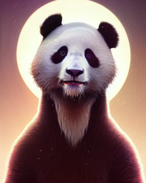 Prompt: highly detailed surreal vfx portrait of a sacred panda, stephen bliss, unreal engine, greg rutkowski, loish, rhads, beeple, makoto shinkai and lois van baarle, ilya kuvshinov, rossdraws, tom bagshaw, alphonse mucha, global illumination, detailed and intricate environment