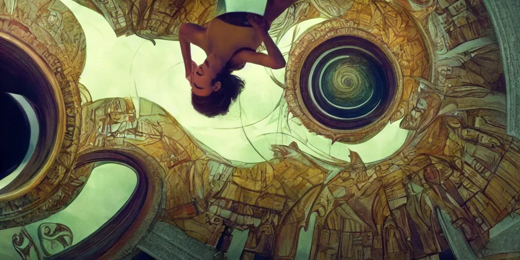 Prompt: a very high resolution image from a new movie, upside - down spiral beautiful scenery, mirror, shining, raining, photorealistic, photography, directed by wes anderson, greg manchess, mucha, jeffrey catherine jones