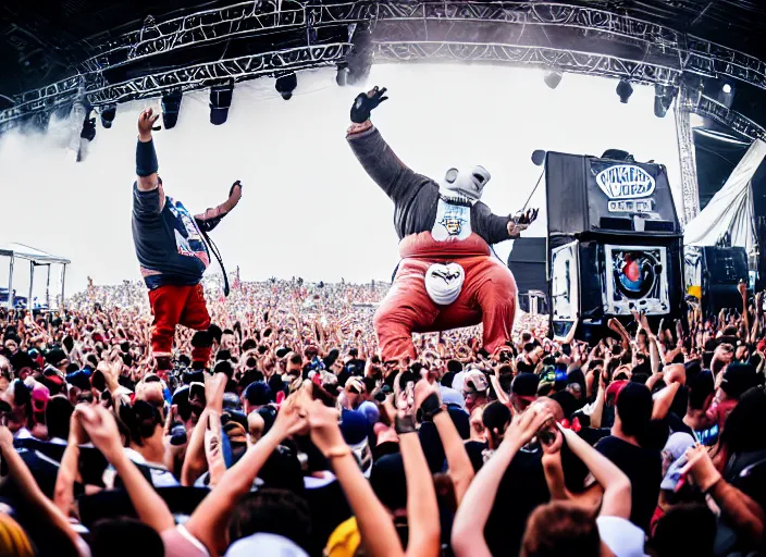 Image similar to photo still of the michelin man on stage at vans warped tour!!!!!!!! at age 3 8 years old 3 8 years of age!!!!!!! stage diving into the crowd, 8 k, 8 5 mm f 1. 8, studio lighting, rim light, right side key light