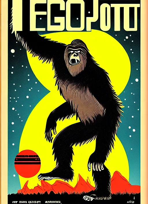 Image similar to bigfoot in retro sci fi pulp newsprint illustration cover