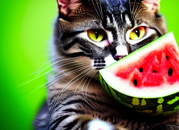 Prompt: photo of a cat wearing a helmet made of a watermelon. fantasy horror style. highly detailed 8 k. intricate. lifelike. soft light. nikon d 8 5 0 5 5 mm. dof. cinematic post - processing.