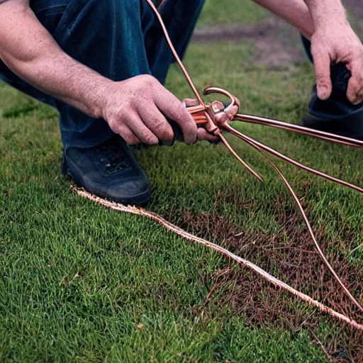 Image similar to “A man cutting a long copper cable on his lawn”