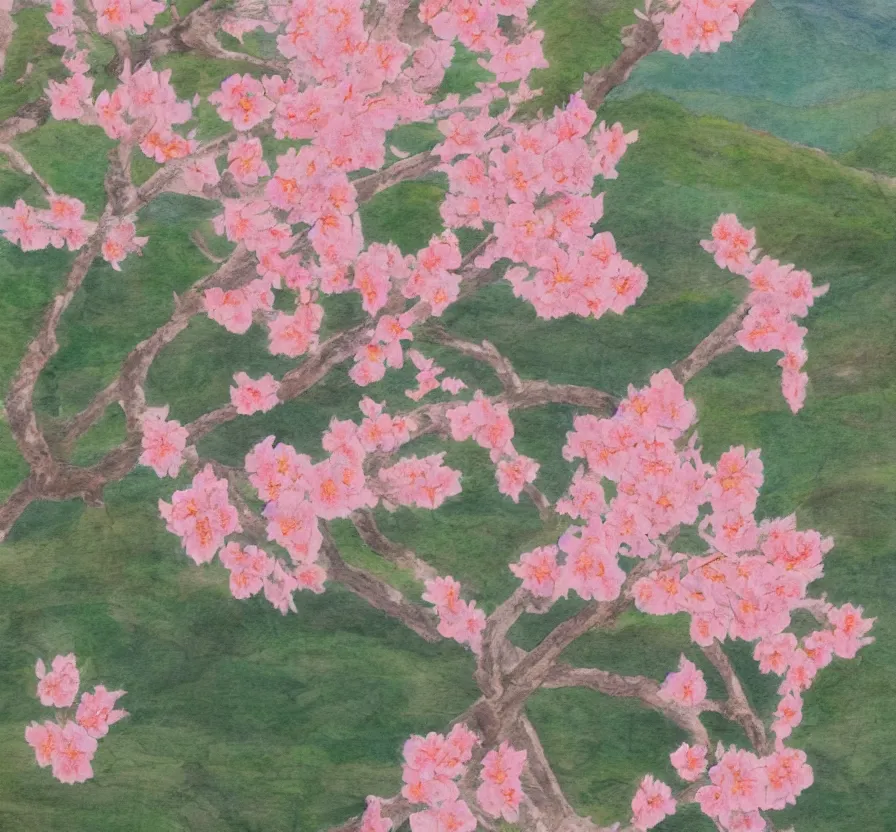 Prompt: a peach blossom in the mountains, studio ghibli style