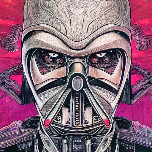 Prompt: portrait closeup of crazy darth vader, symmetrical, hyper detailed, by yoichi hatakenaka, masamune shirow, josan gonzales and dan mumford, ayami kojima, takato yamamoto, barclay shaw, karol bak, yukito kishiro