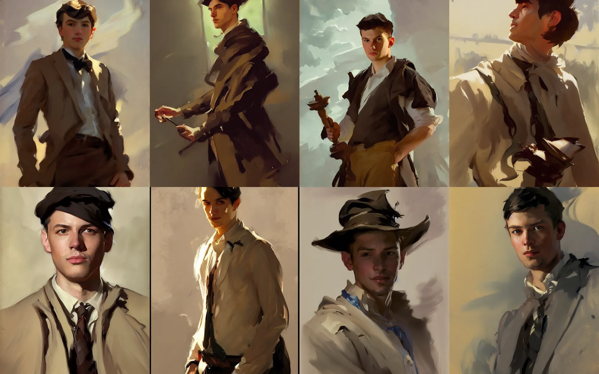 Prompt: portrait of young man traveler greg manchess painting by by sargent and leyendecker, d & d, fantasy, medium shot, asymmetrical, intricate, elegant, matte painting, illustration, hearthstone, by greg rutkowski, by greg tocchini, by james gilleard, by joe fenton