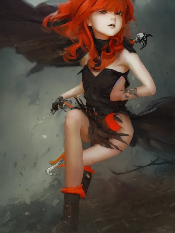 Image similar to Full shot of a cute mischievous young witch about to get up to some trouble. Black and Orange palette. By Ruan Jia and Artgerm and Range Murata and WLOP and CLAMP. Key Art. Fantasy Illustration. award winning, Artstation, intricate details, realistic, Hyperdetailed, 8k resolution.