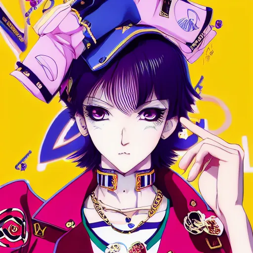 Image similar to Magazine Cover Anime key visual of a Gucci girl; official media; typography; drawn by Hirohiko Araki; Jojo's Bizarre Adventure; Jojolion, portrait, made by Stanley Artgerm Lau, WLOP, Rossdraws, James Jean, Andrei Riabovitchev, Marc Simonetti, Yoshitaka Amano, ArtStation