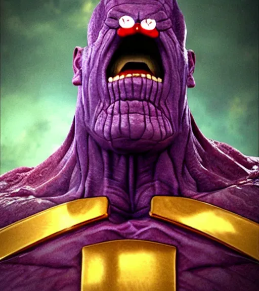 Image similar to screaming thanos, angry, red thanos with mustache