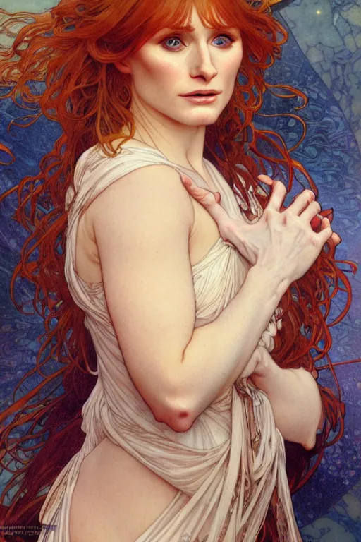 Prompt: realistic detailed full portrait of Bryce Dallas Howard in flowing robes by Alphonse Mucha, Ayami Kojima, Amano, Charlie Bowater, Greg Hildebrandt, Jean Delville fertile, motherly, smooth, detailed fabric