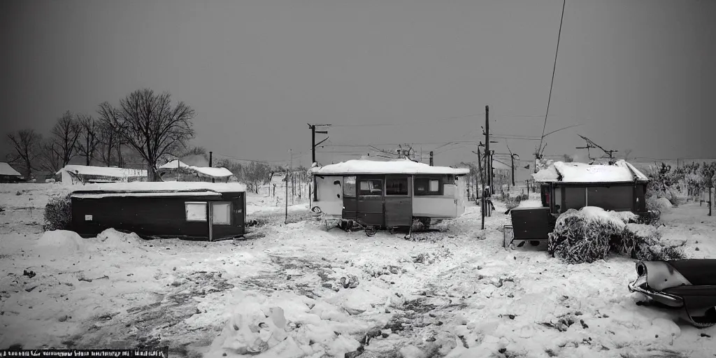 Image similar to detailed sharp photograph in the style of popular science circa 1 9 5 5 and gregory crewdson of a 1 9 5 0 s trailer park mid winter storm