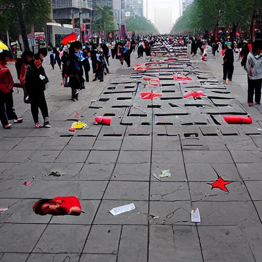 Image similar to beijing photograph cutouts of chinese protesters laying flat litter the streets of beijing, hyperreal - h 6 4 0