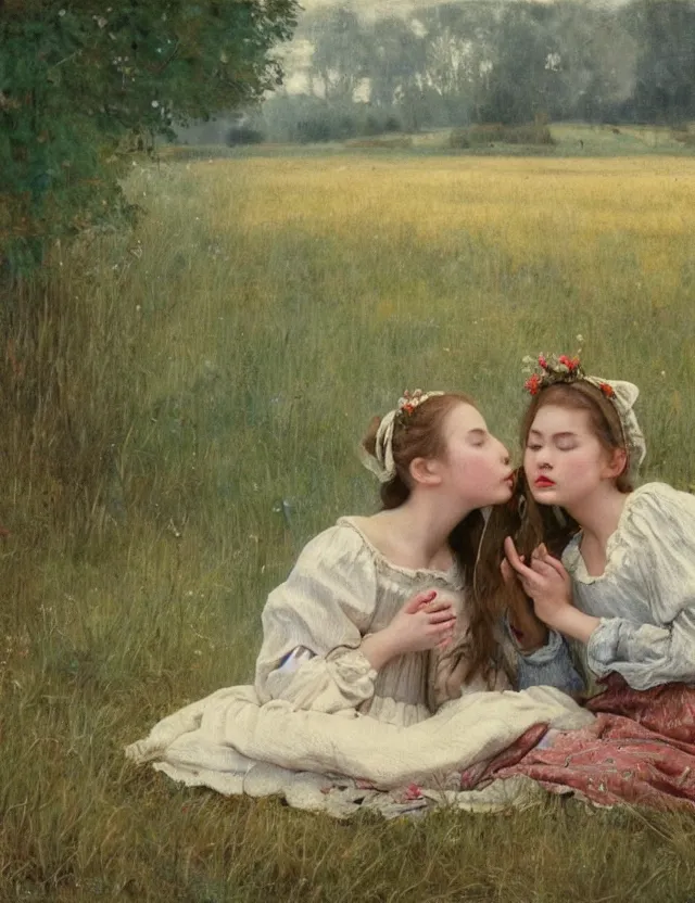 Prompt: peasant girls kissing on a farm, lolita style, Cottage core, Cinematic focus, Polaroid photo, vintage, neutral colors, soft lights, foggy, by Steve Hanks, by Serov Valentin, by Andrei Tarkovsky, by Terrence Malick, 8k render, detailed, oil on canvas