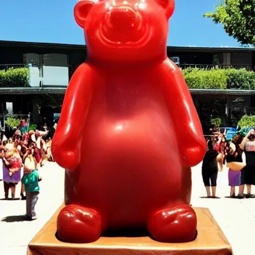 Image similar to stunning image of a giant gummy bear on a pedestal, many people worshipping.