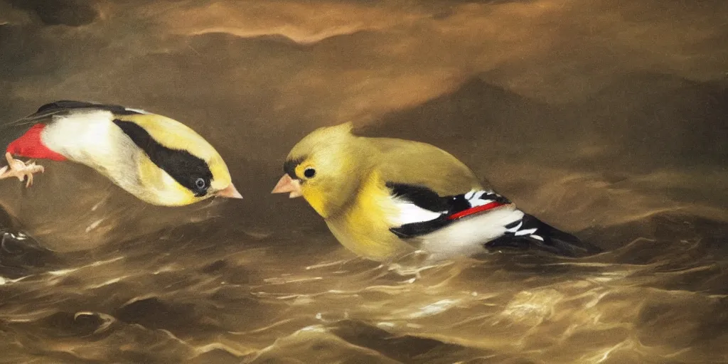 Prompt: painting of a goldfinch drowning in a river of nightmares, in the background you can see hell. by theodore gericault, realistic oil painting, 4 k, studio lightning, award winning, very detailed shadows