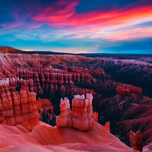 Prompt: sunset light landscape with bryce canyon, lots of sparkling details and sun ray ’ s, blinding backlight, smoke, volumetric lighting, colorful, octane, 3 5 mm, epic colored reflections, very colorful heavenly, softlight