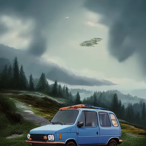 Image similar to blue fiat panda riding in mountains, dramatic light, clouds, artstation, hyper realistic, simon stalenhag