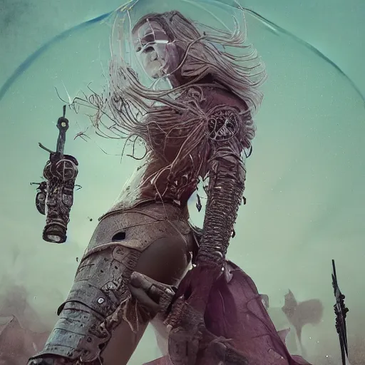 Prompt: viking queen photograph, on a battlefield, high tech, cyberpunk, dystopian, jellyfish phoenix dragon, butterfly squid, burning halo, intricate artwork by Conrad Roset and Brooke Shaden, very coherent symmetrical artwork, cinematic, hyper realism, high detail, octane render, unreal engine, 8k, Vibrant colors, Smooth gradients, High contrast, depth of field,