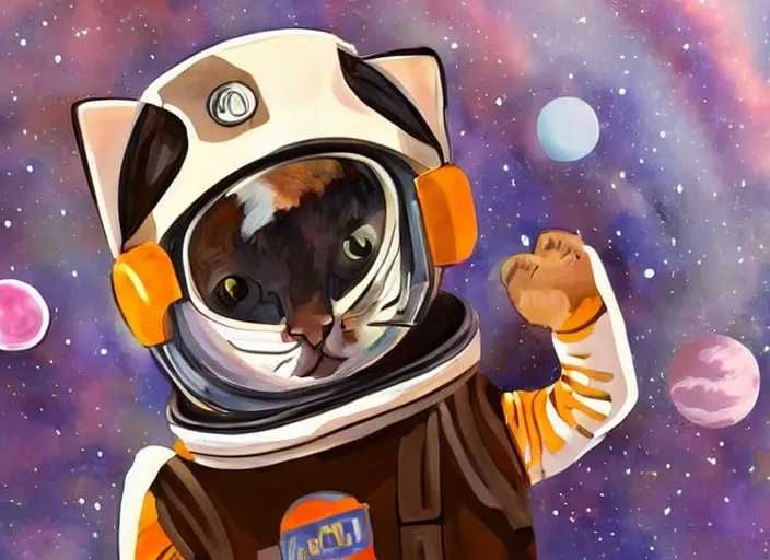 Image similar to painting of a cat dressed as an astronaut with helmet, cute, calico, stars, galaxies, planets, moons, space walk, overwatch, winston, stuido ghibli, kotaro mori