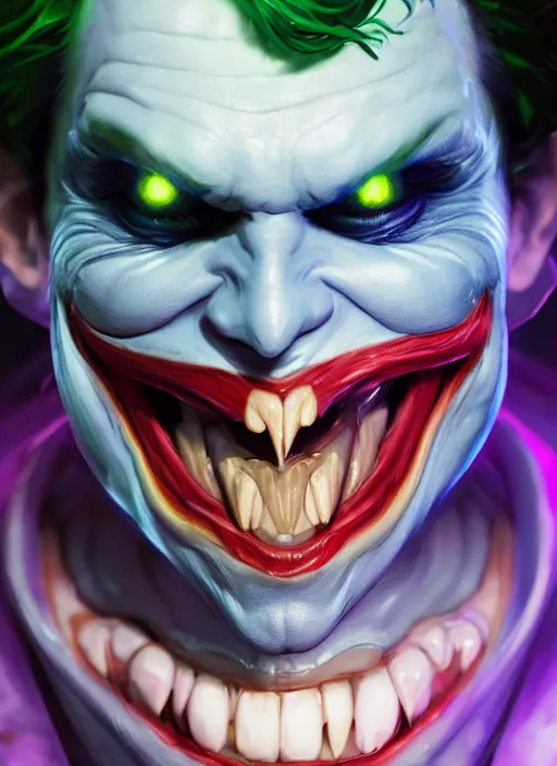 Image similar to glowwave portrait of joker who laughs, au naturel, hyper detailed, digital art, trending in artstation, cinematic lighting, studio quality, smooth render, unreal engine 5 rendered, octane rendered, art style by francesco mattina and ian sprigger and wlop and krenz cushart.