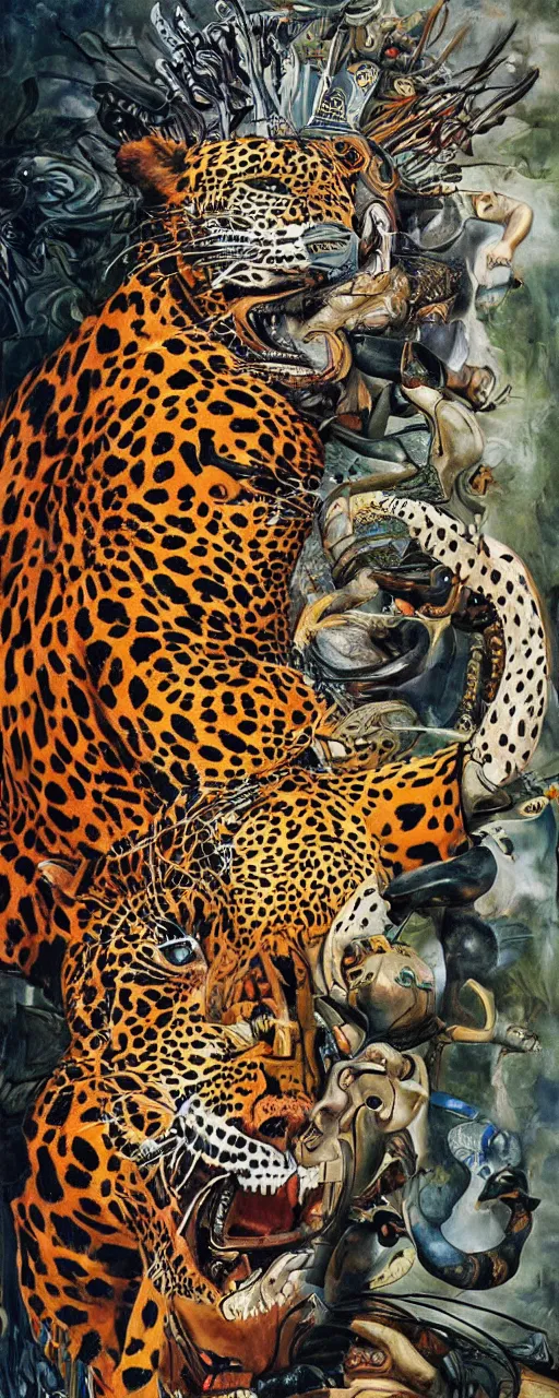 Image similar to an intricated and detailed painting of a shaman turning into a jaguar by salvador dali 4 k render