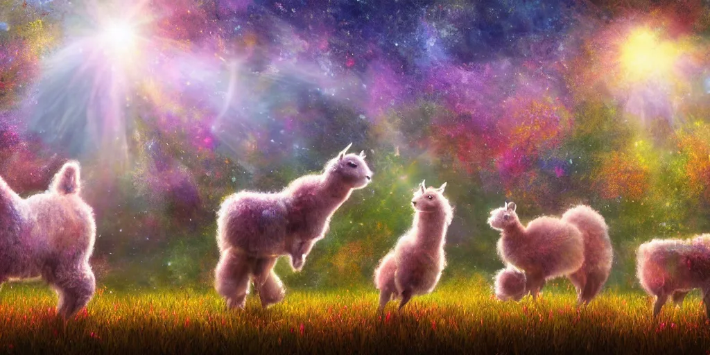 Prompt: magical fairy alpacas frolicking in a field, autumn, sparkles, light beams, digital art, oil painting, fantasy, 8 k, trending on artstation