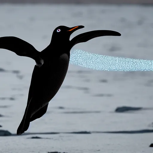 Prompt: a photo of a flying penguin wearing a cape and shooting lasers from its eyes,