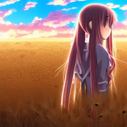 Image similar to anime illustration of Holo from Spice and Wolf standing in a wheat field at sunset, Holo is a wolf girl, high detail, trending on pixiv