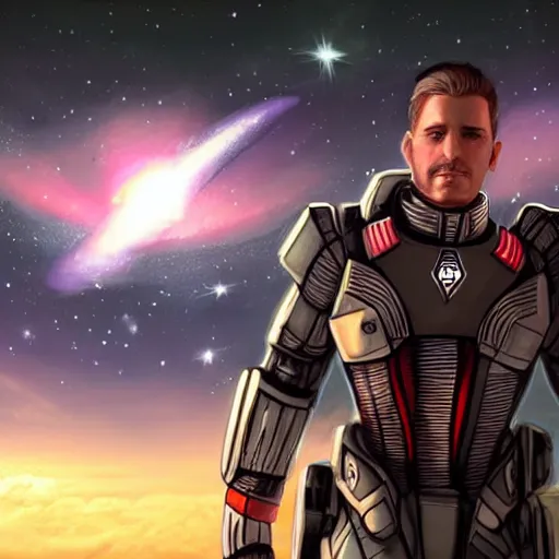 Prompt: Commander Shepard with a beautiful galaxy behind him, fantasy art,