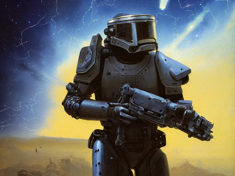 Image similar to a detailed profile oil painting of a lone shock trooper in a space armour with reflective helmet, cinematic sci-fi poster. technology flight suit, bounty hunter portrait symmetrical and science fiction theme with lightning, aurora lighting clouds and stars by beksinski carl spitzweg and tuomas korpi. baroque elements, full-length view. baroque element. intricate artwork by caravaggio. Trending on artstation. 8k