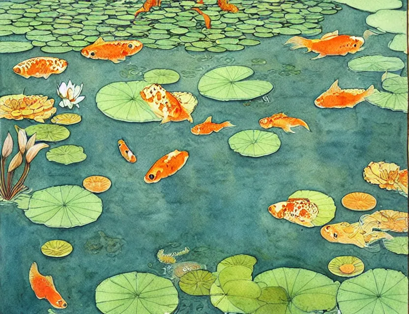 Prompt: goldfish in a pond full of lily pads seen from above, watercolor art by walter crane and kay nielsen, watercolor art