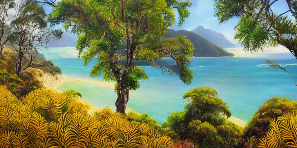 Image similar to golden bay new zealand, abel tasman, native NZ bush ferns, colorful oil painting, trending on artstation